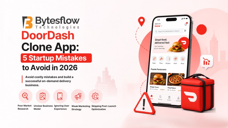 DoorDash clone app blog banner showing 5 startup mistakes to avoid in 2026 with food delivery app illustration.