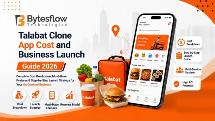 Talabat Clone App Cost and Business Launch Guide 2026 banner with a food delivery app interface, delivery bag, and orange-themed business launch graphics.Talabat Clone App Cost and Business Launch Guide 2026 banner with a food delivery app interface, delivery bag, and orange-themed business launch graphics.