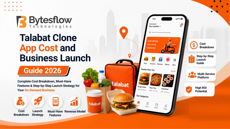 Talabat Clone App Cost and Business Launch Guide 2026 banner with a food delivery app interface, delivery bag, and orange-themed business launch graphics.Talabat Clone App Cost and Business Launch Guide 2026 banner with a food delivery app interface, delivery bag, and orange-themed business launch graphics.