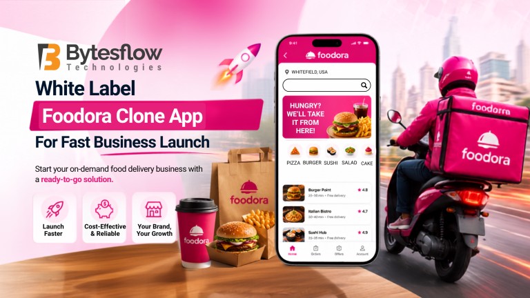 **ALT Text:** White Label Foodora Clone App banner with a food delivery app interface, delivery rider, and fast business launch theme.