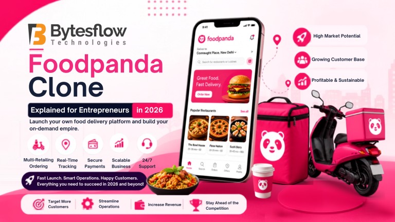 Foodpanda clone app concept with a smartphone interface, delivery scooter, food delivery bag, and business growth icons for entrepreneurs in 2026.