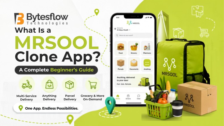 Modern green-and-white blog banner for “What Is a Mrsool Clone App? A Complete Beginner’s Guide,” featuring a smartphone with a multi-service delivery app interface, a branded Mrsool delivery bag, parcel box, delivery icons, and clean brand-colored graphics representing on-demand delivery services.