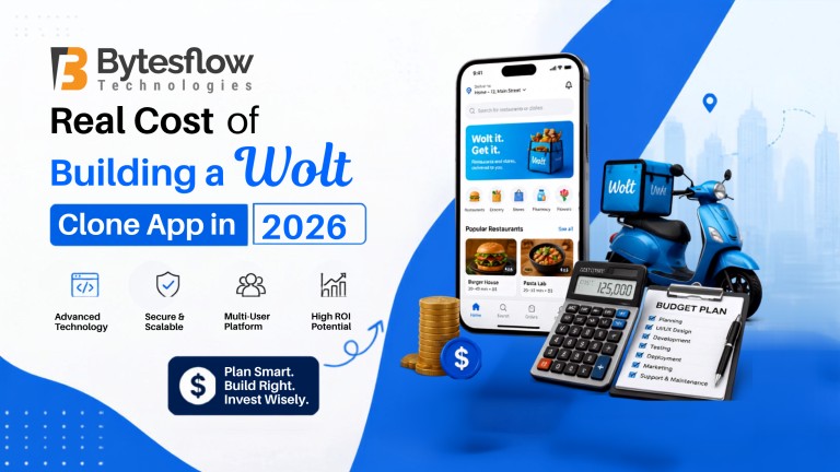 Blog banner showing 'Real Cost of Building a Wolt Clone App in 2026' with smartphone displaying food delivery app interface, delivery scooter, calculator, and business icons on a blue and white background