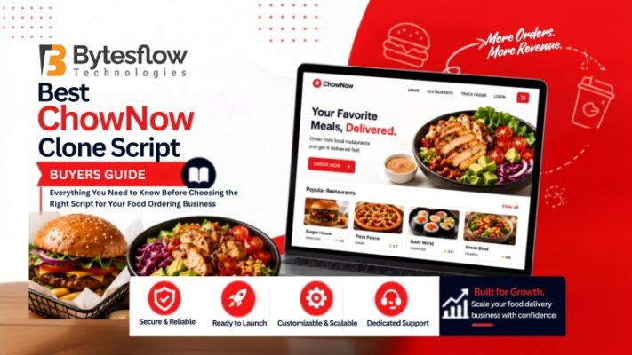 Best ChowNow Clone Script buyer's guide banner featuring a premium food ordering website interface on a laptop, realistic burger and grilled chicken salad images, ChowNow-inspired red and navy branding, and icons highlighting secure, scalable, customizable food delivery software features.