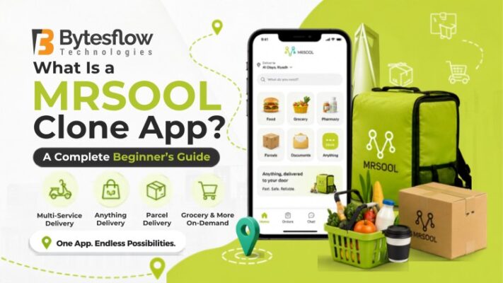 Modern green-and-white blog banner for “What Is a Mrsool Clone App? A Complete Beginner’s Guide,” featuring a smartphone with a multi-service delivery app interface, a branded Mrsool delivery bag, parcel box, delivery icons, and clean brand-colored graphics representing on-demand delivery services.